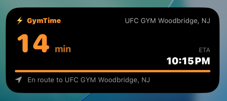 En-route Live Activity: 14 minutes, ETA 10:15 PM, en route to UFC Gym Woodbridge.