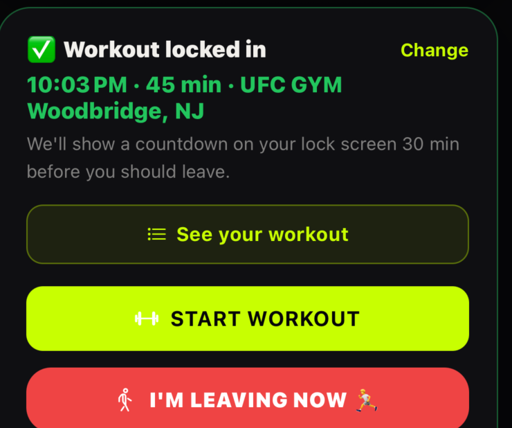 Workout locked in card: 10:03 PM, 45 min, UFC Gym Woodbridge, with See your workout, Start workout, and I'm leaving now buttons.