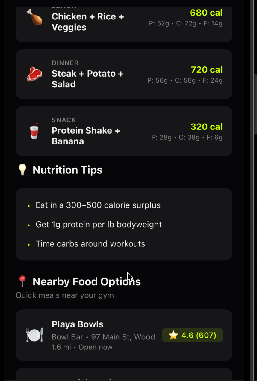 Refuel screen: meal suggestions with macros, nutrition tips, and nearby healthy food options like Playa Bowls.